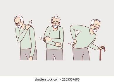 Unhealthy old man suffer from health problems. Unwell mature grandfather struggle with sickness or disease. Elderly healthcare and geriatrics. Vector illustration. 