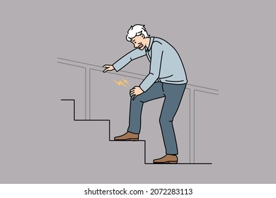 Unhealthy old man walk stairs up suffer from knee pain. Unwell mature male struggle with leg ache, have injury or trauma. Maturity, geriatrics concept. Flat vector illustration, cartoon, character. 