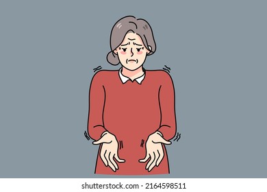 Unhealthy old woman with trembling hands suffer from Parkinson disease. Sick mature grandmother struggle with neurological illness symptoms. Elderly healthcare. Vector illustration. 