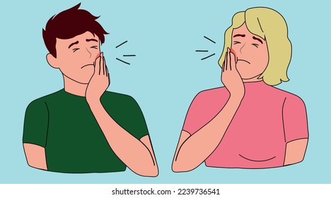 Unhealthy people suffer from toothache. Man and woman hold cheek struggle with painful teeth inflammation. Healthcare. Vector illustration.