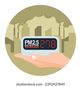 Unhealthy PM 2.5 Air pollution quality monitor device on big city background. Vector illustration cartoon flat design.