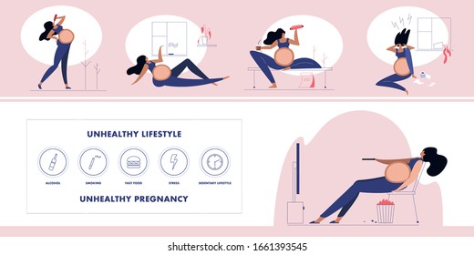 Unhealthy Pregnancy Concept. A Woman Smokes, Drinks Alcohol, Fast Food And Is Stressed. Infographics In A Flat Style.