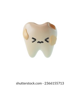 Unhealthy rotten tooth covered with plaster, with a cute unhappy face. Unhealthy tooth symbol for dentistry, rendered realistic vector illustration on white background.