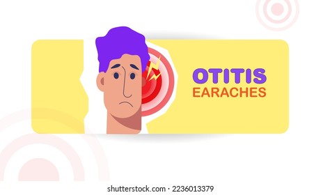 Unhealthy sad man with ear pain. Tinnitus, otitis, or infections concept. Medical checkup and test of hearing organs. Deafness symbol on yellow background isolated. Vector illustration