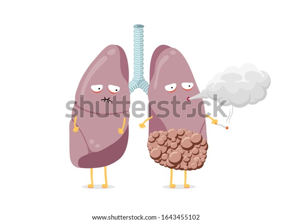 不健康な病気肺の漫画のキャラクターがたばこを吸っている がんを持つ人間の呼吸器系の内臓が煙を吹き出し 健康が悪い 悪い危険な習慣中毒ベクター画像eps イラスト のベクター画像素材 ロイヤリティフリー