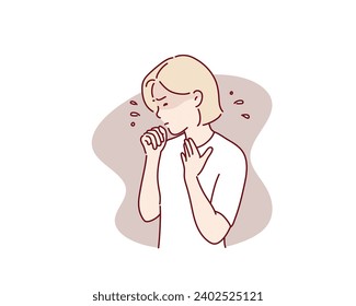 unhealthy Sickness, asian young woman, girl unwell and coughing, have cold, sore throat isolated white background suffering with symptom cough feeling bad.Hand drawn style vector design illustrations.