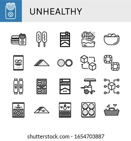 unhealthy simple icons set. Contains such icons as French fries, Burger, Corn dog, Cigarette, Chocolate, Crisps, Sandwich, Packet, Snack, can be used for web, mobile and logo