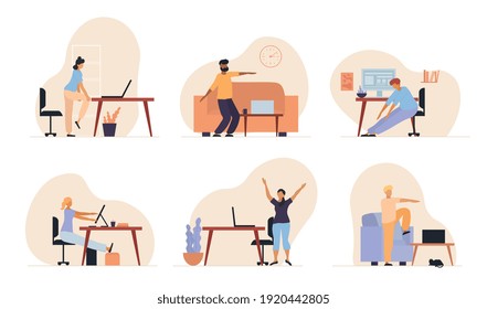 Unhealthy sitting posture or office syndrome concept. Office workers and freelancers doing stretching exercises to relieve pain. Set of flat cartoon vector illustrations isolated on white background