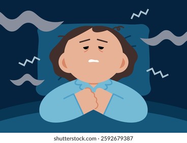 Unhealthy sleep routine illustration. A person is suffering from insomnia. Cartoon style flat vector illustration.