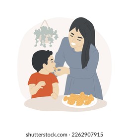Unhealthy snacks isolated cartoon vector illustration  Mom feeding her kid and chips  family lifestyle  junk food habits  child eating unhealthy meal  nutrition problem vector cartoon 