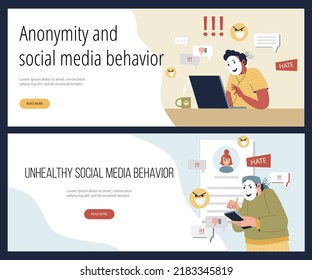 Unhealthy social media behavior web banners set, flat vector illustration. People wearing mask to keep anonymity on the Internet. Concepts of digital harassment, stalking and cyberbullying.