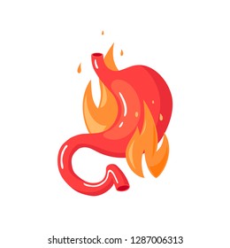 Unhealthy Stomach Concept. Human Stomach On Fire. Vector Illustration In Flat Style.