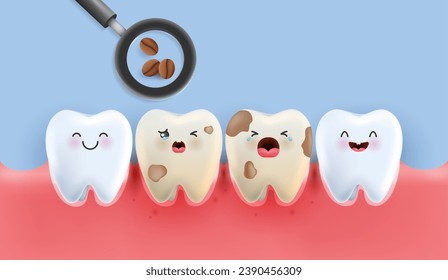 Dientes poco saludables con manchas de café. el café hace que tus dientes sean amarillos. dientes para niños. concepto odontológico para el hospital infantil. carácter de dientes sanos. icono de tiras cómicas lindas y limpias. vector. 