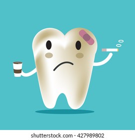 unhealthy tooth with coffee and smoke, great for dental care and teeth whitening and bleaching concept.  flat character design. vector illustration