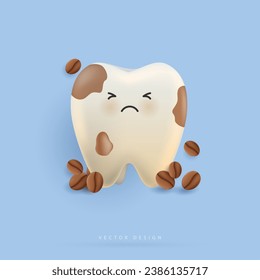 Diente poco saludable con manchas de café. el café hace que tus dientes sean amarillos. diente para niños. concepto odontológico para el hospital infantil. carácter dental saludable. icono de dibujos animados de dientes limpios y lindos. vector.