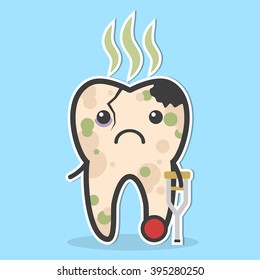 Unhealthy tooth. Cracked tooth with caries, pulpit, decay and bad smell. Ill tooth concept 