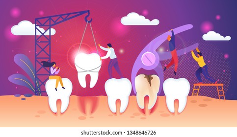 Unhealthy Tooth Removal Process. Guys Extraction Dent with Caries Hole. Man Set Up Healthy Tooth in Gum with Building Crane. Tiny People Characters Work Together Concept. Cartoon Vector Illustration