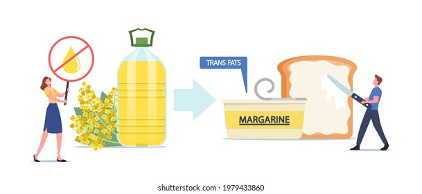 Unhealthy Trans Fats Eating, Tiny Male Character Put Margarine on Huge Toast, Woman with Crossed Oil Drop Banner. Stop Rapeseed Oil, Spread or Cholesterol Products Concept. Cartoon Vector Illustration