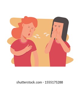 unhealthy two young people having cold, illness, running nose, symptom of influenza, health problem, sickness, illness, disease, women are coughing. flat character cartoon vector illustration style