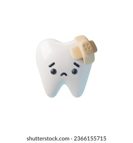 Unhealthy unhappy tooth with cute kawaii unhappy face, rendered realistic vector illustration on white background. Unhealthy tooth needs dental treatment.