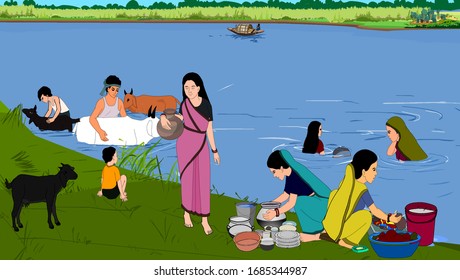 Unhealthy ways In a pond people and cattle are bathing, women washing clothes & dishes