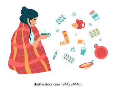 Unhealthy woman in a blanket with a cup of tea is sick with a cold or flu,feel sick virus surrounded by medicines. Illness girl takes medicines for fever, viral diseases. Isolated vector illustration