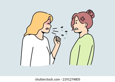 Unhealthy Woman Cough Share Disease To Friend Or Colleague. Sick Unwell Female Suffer From Covid Or Cold Infect Girl Standing Near. Contagious Sickness. Vector Illustration. 