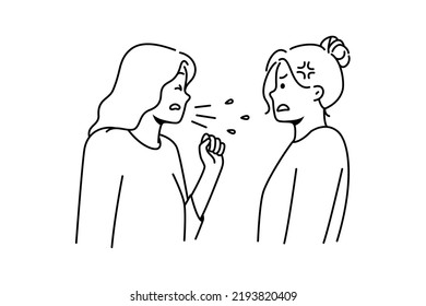 Unhealthy woman cough share disease to friend or colleague. Sick unwell female suffer from covid or cold infect girl standing near. Contagious sickness. Vector illustration. 