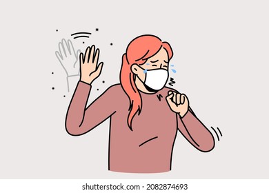 Unhealthy woman in facemask cough suffer from seasonal allergy symptoms. Unwell sick girl in facial mask struggle with covid-19, have fever and cold. Corona virus pandemics. Vector illustration. 