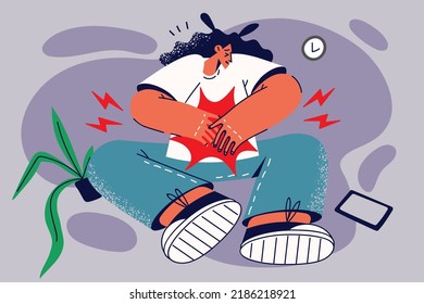 Unhealthy woman fall on ground suffer from acute stomachache. Unwell female struggle with abdominal ache or spasm need hospital help. Healthcare. Vector illustration. 