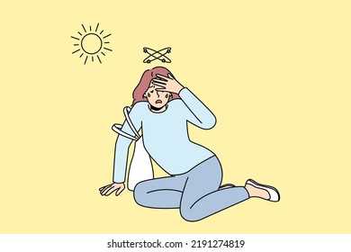 Unhealthy woman fall on ground suffer from heatstroke from hot weather outside. Female feeling bad lose consciousness struggle with heat. Overheat concept. Vector illustration. 