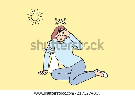 Unhealthy woman fall on ground suffer from heatstroke from hot weather outside. Female feeling bad lose consciousness struggle with heat. Overheat concept. Vector illustration. 