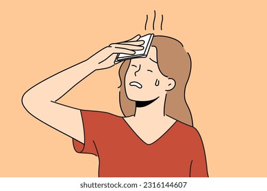 Unhealthy woman feel overheated suffer from hot weather on summer street. Unwell female struggle with heatstroke and dizziness. Vector illustration. 