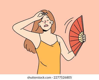 Unhealthy woman with handfan suffer from heatstroke during hot weather. Unwell girl with waver struggle with warm season sweat and melt. Vector illustration. 