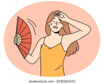 Mujer insalubre con ventilador de manos sufre de golpe de calor durante el clima caluroso. Chica indispuesta con la lucha de la flaqueza con el sudor caliente de la estación y derretir. Ilustración vectorial.