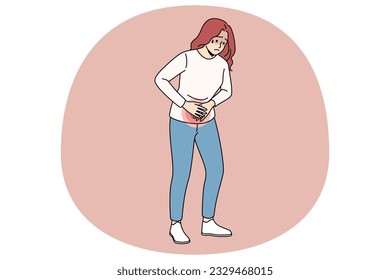 Unhealthy woman hold abdomen suffer from pms. Unwell girl struggle with periods pain. Female have stomachache. Healthcare and medicine concept. Vector illustration.