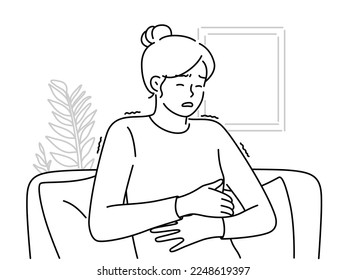 Unhealthy woman sit on couch suffer from stomachache. Unwell female struggle with abdominal pain or cramps. Healthcare. Vector illustration. 