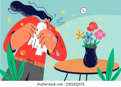 Unhealthy woman sneeze in napkin suffer from flowers allergy at home. Sick girl struggle with seasonal allergic reaction to floral bouquet indoors. Vector illustration. 