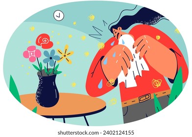 Unhealthy woman sneeze in napkin suffer from flowers allergy at home. Sick girl struggle with seasonal allergic reaction to floral bouquet indoors. Vector illustration.