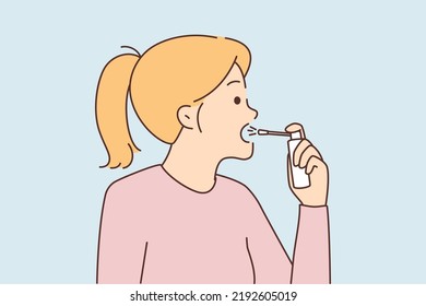 Mujer malsana rociando garganta con medicación. Una chica enferma usa aerosol médico de la garganta irritada. Medicina y salud. Ilustración vectorial. 