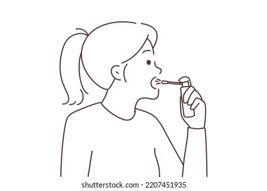 Unhealthy woman spraying throat with medication. Unwell sick girl use medical spray from sore throat. Medicine and healthcare. Vector illustration. 