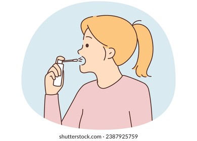 Unhealthy woman spraying throat with medication. Unwell sick girl use medical spray from sore throat. Medicine and healthcare. Vector illustration.