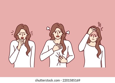 Unhealthy woman suffer from covid-19 symptoms. Unwell girl struggle from coronavirus have cough and shortness of breath. Vector illustration. 