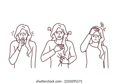 Unhealthy woman suffer from covid-19 symptoms. Unwell girl struggle from coronavirus have cough and shortness of breath. Vector illustration. 