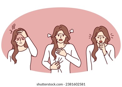 Unhealthy woman suffer from covid-19 symptoms. Unwell girl struggle from coronavirus have cough and shortness of breath. Vector illustration.