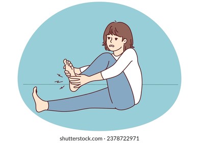 Unhealthy woman suffer from cramp in leg. Unwell female struggle with pain in sole. Healthcare and medicine. Vector illustration.