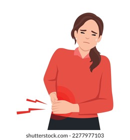 .Unhealthy woman suffer from liver problems. Unwell girl struggle with body organ inflammation. Healthcare and medicine Flat vector illustration isolated on white background