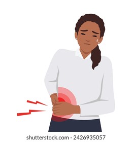 Las mujeres enfermas sufren de problemas hepáticos. Chica indispuesta lucha con la inflamación de órganos corporales. Ilustración vectorial plana aislada sobre fondo blanco