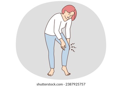 Unhealthy woman suffer from pain in knee. Unwell female struggle with spasm in leg. Medicine and healthcare. Vector illustration.