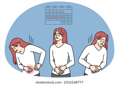 Unhealthy woman suffer from painful menstruation. Unwell female struggle with stomach ache during periods, need painkiller. Feminine health concept. Vector illustration.